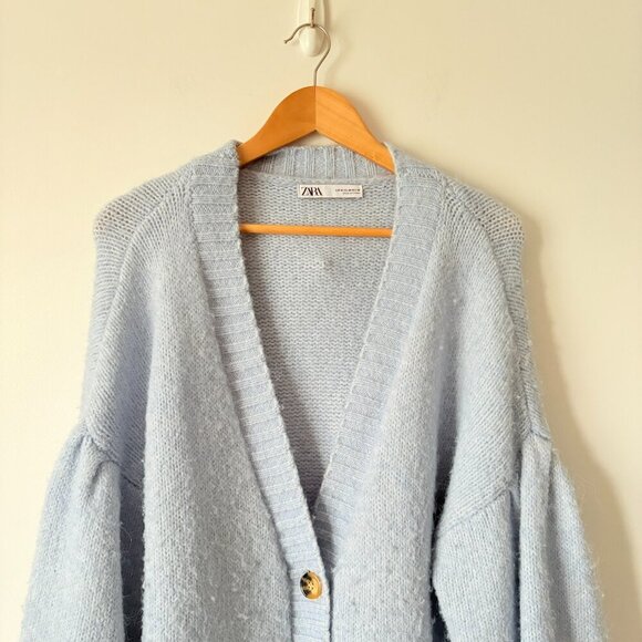 Zara Alpaca Wool Hair Oversized Balloon Sleeve Cardigan Sweater Blue Size Medium - Picture 4 of 8